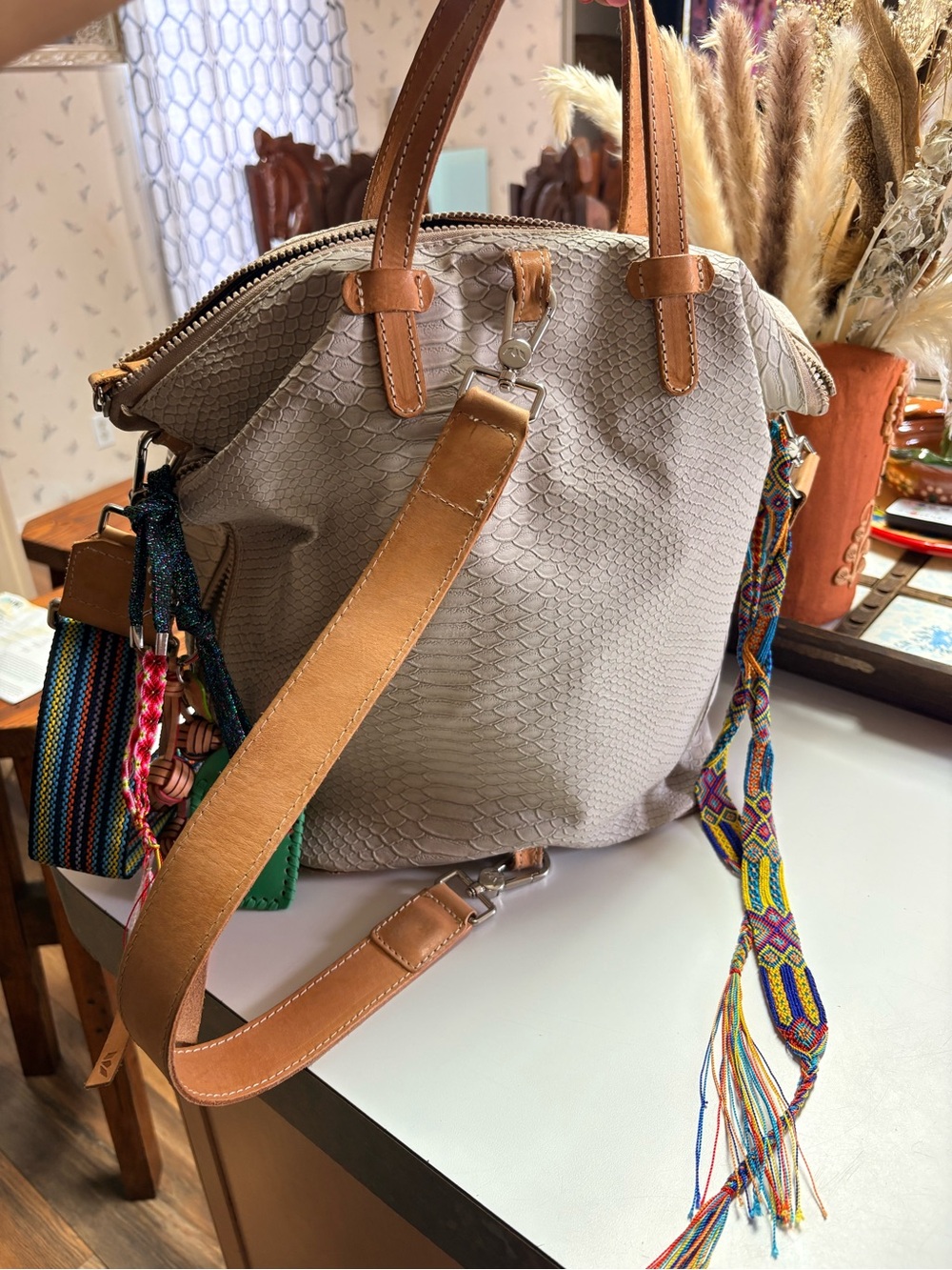 Consuela Cream Textured Tote with Multicolor Woven Strap - Picture 2 of 4